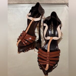 Saint Laurent Brown Leather High Heel Sandals with Cream Rope Trim